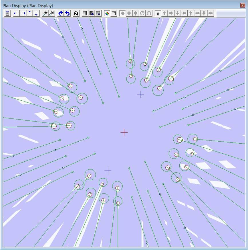 Image shows a Plan Display simulation of anchor chains, risers and umbilical positions.
