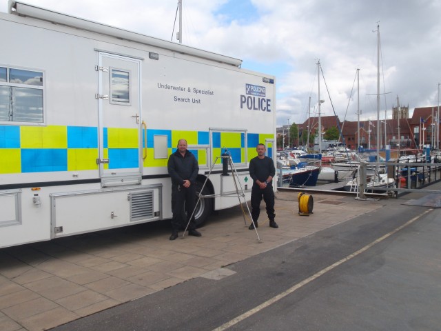 (L-R) PC Mark Breeze and Sergeant Steve Birss of Yorkshire and the Humber Police marine unit showcasing Tritech&rsquo;s SeaKing Hammerhead System